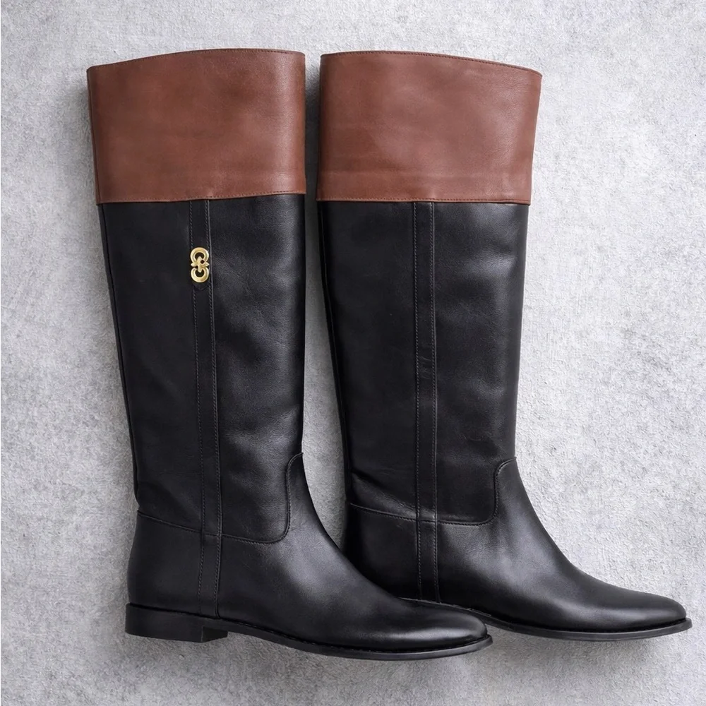 Cole Haan Black & Brown Leather Riding Boots Gold Logo Tall Boots Size 9B